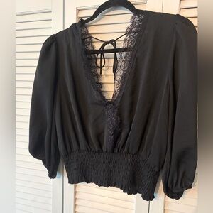 Anthropologie Dolan Black Lace-Trim Puff Sleeve V-Neck Women's Top